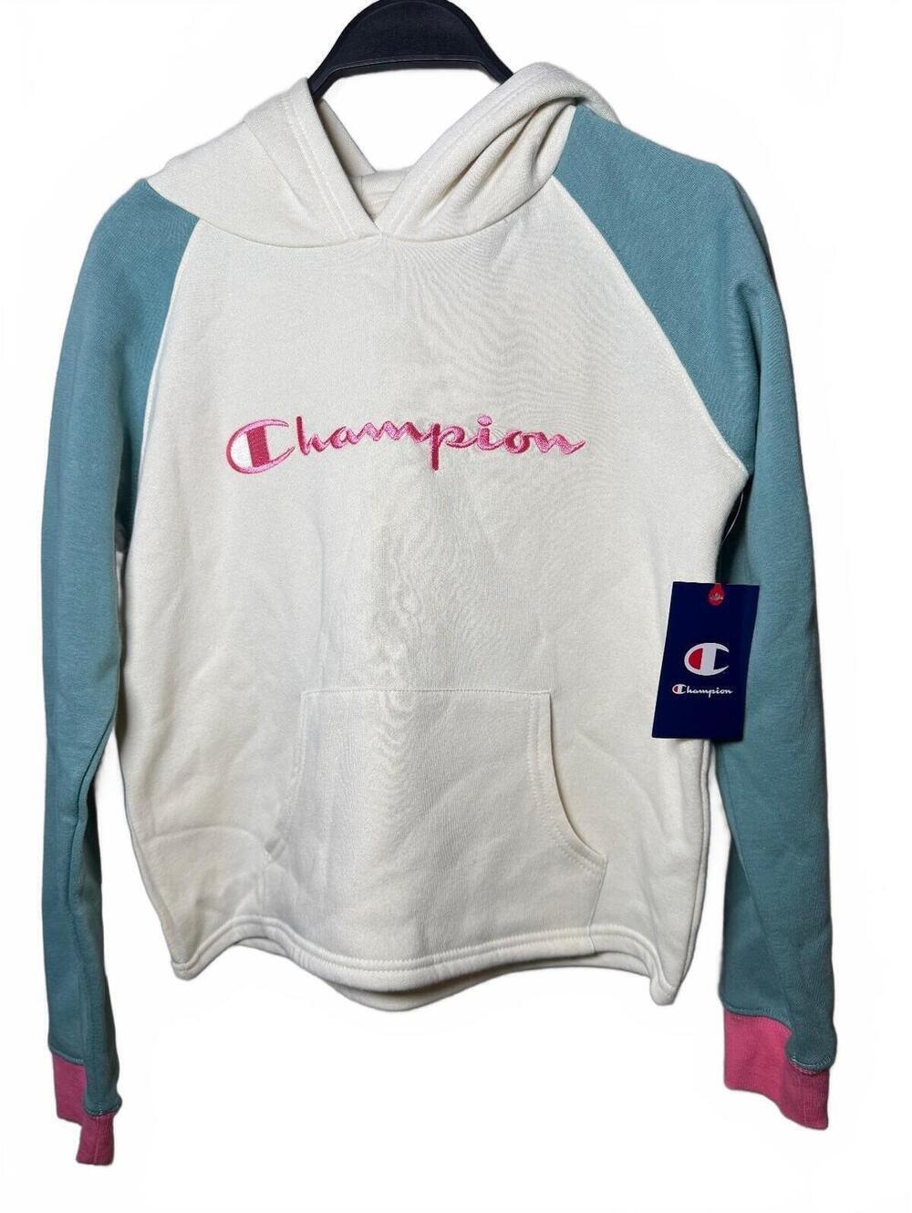 Champion GIRLS Large Hoodie Cream and Teal with Pink Accents, Embroidered Logo, - Picture 2 of 6